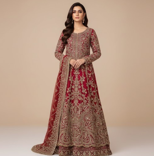 Luxury Embroidered Bridal Maxi Dress – Traditional Red & Gold Formal Wear