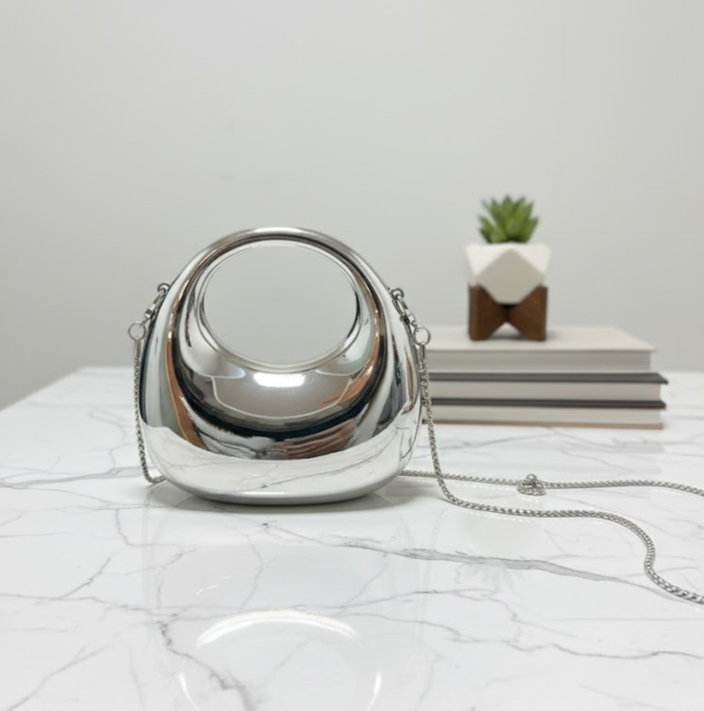Luna" Sculptural Metallic Crescent Hardshell Minaudière